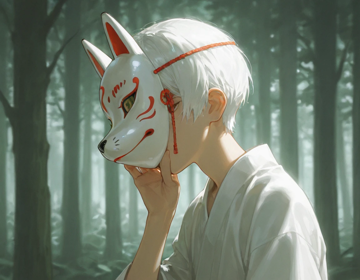 Historical drama ,Orientalism,Put a black fox mask on your face,man,young,White hair,Short cut,검정색Orientalism옷, high resolution, naturally , very delicate ,1 person,Alone,forest background,Cover your face with a mask