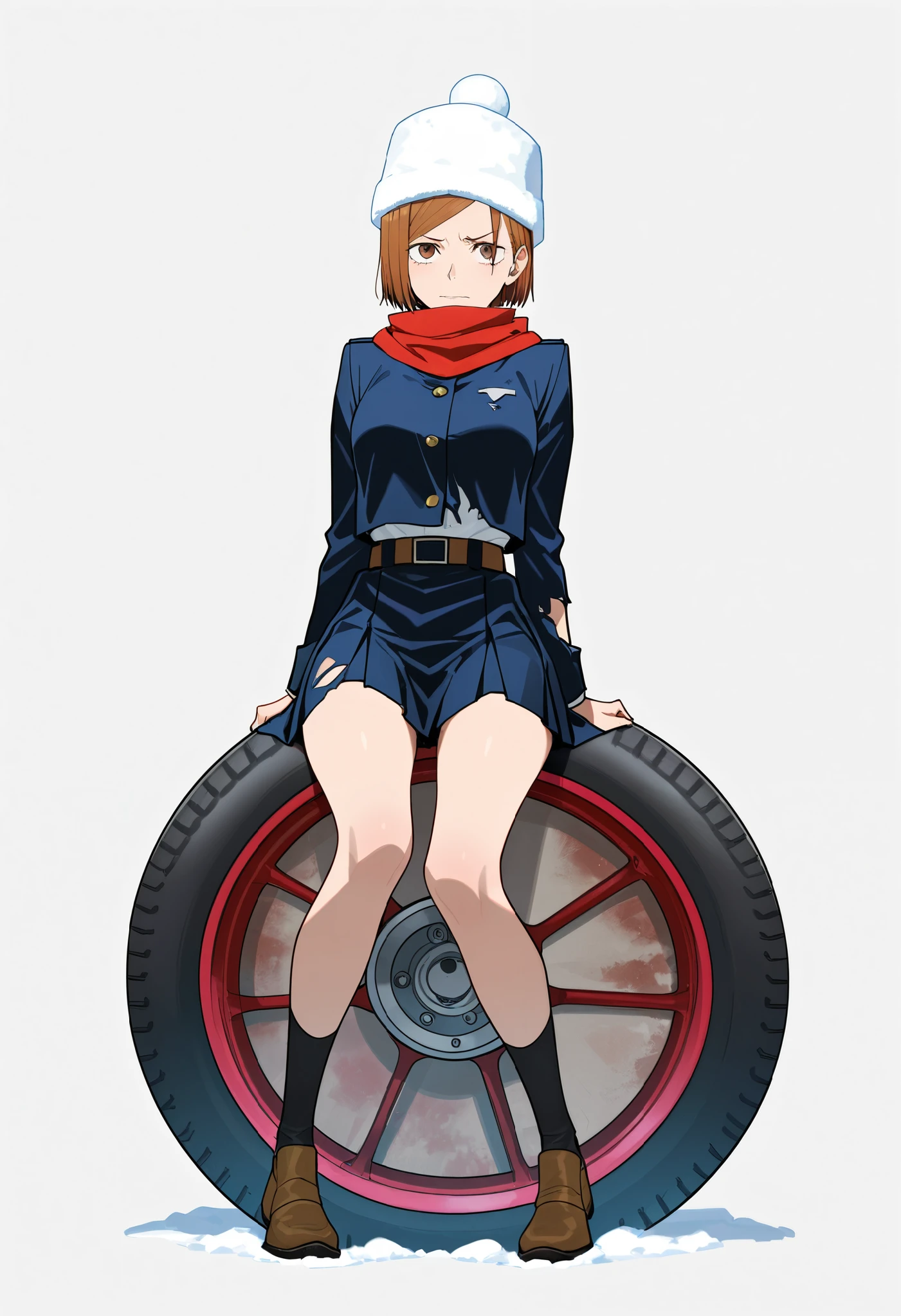(( completely white background)), masterpiece, best quality, amazing quality, very aesthetic, absurd, latest) , official style, ((Kugisaki Nobara)), (jujutsukaisen), (adult: 1,2), (very small head:1.2),brown hair,short haircut,(gorgeous eyes),brown eyes, (shy),guilty,(perfect body ratio:1.2,very long body:1.2), ((torn black military uniform)), ( red scarf, snow hat), medium chest, slim body:1.3, skinny:1.2,slim),((Black military uniform)), pleated mini skirt up,((like)), (very red blame) , (blame oll head), ((scared)), ,looks at the viewer,((sitting on a big wheel:1.2)) , ((torn clothes)), (dirty clothes), ((full body in view:1.1)) ,  clothes in the style of mad max, body in snow 