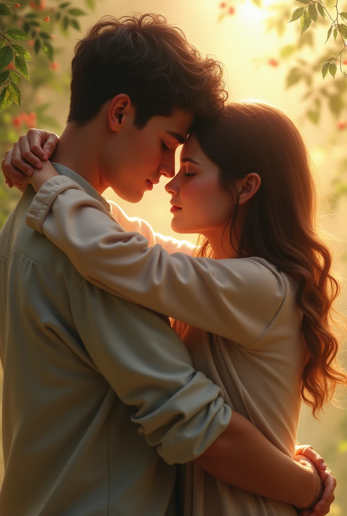 AI generated Romantic couple in love hugging and kissing on a background of flowers. Vector illustration, Young couple in love on valentine's day illustration, AI Generated Free Photo