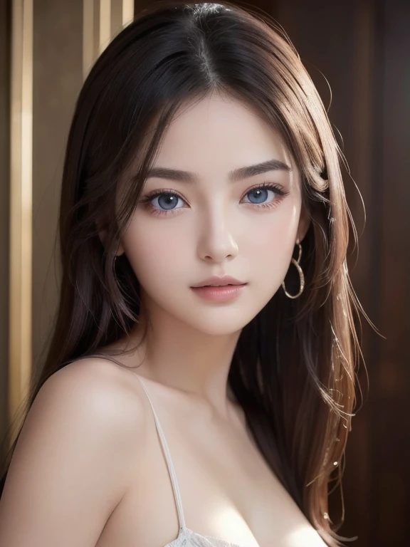 Skin Tight Black Top:1.2、look at viewer、cinematic lighting、perfect、soft light、high resolution skin:1.2、realistic skin texture、realistic face、off shoulder、exposed cleavage、blue eyes、long hair、Gray background