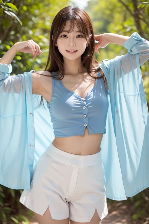 白色の大きな shirtと黒いミニスカートを着た日本人モデル, WhiteＹ shirtを羽織っている、SheerＹ shirt、 sexy cropped top under a shirt ｙ shirtの下に着ている,  slim girl pics model, Wearing a crop top,  wearing a cropped top , low cut tank top  ,  I'm wearing a light blue cropped tank top,   slim girl pics,  looking at camera、 Detailed Beautiful Eyes 、 cute smile、 a soft and gentle expression 、The background is a deep forest