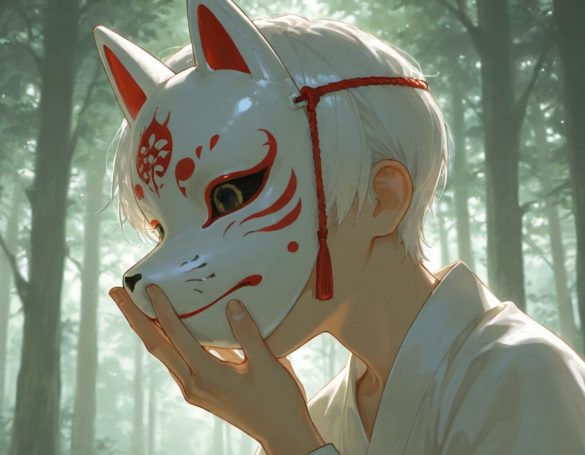 Historical drama ,Orientalism,Put a black fox mask on your face,man,young,White hair,Short cut,검정색Orientalism옷, high resolution, naturally , very delicate ,1 person,Alone,forest background,Cover your face with a mask,Early 20s 