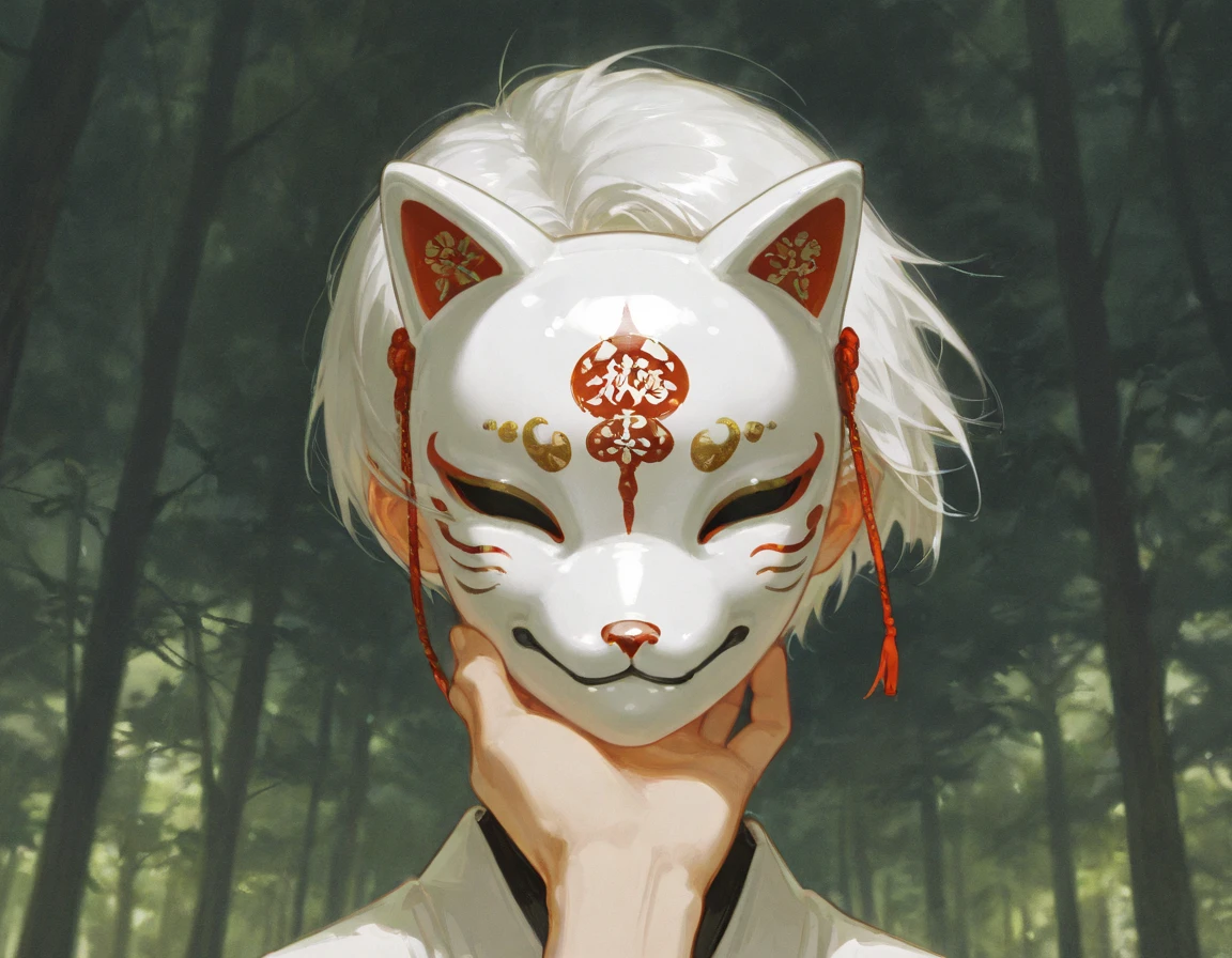 Historical drama ,Orientalism,Put a black fox mask on your face,man,young,White hair,Short cut,검정색Orientalism옷, high resolution, naturally , very delicate ,1 person,Alone,forest background,Cover your face with a mask,Early 20s 