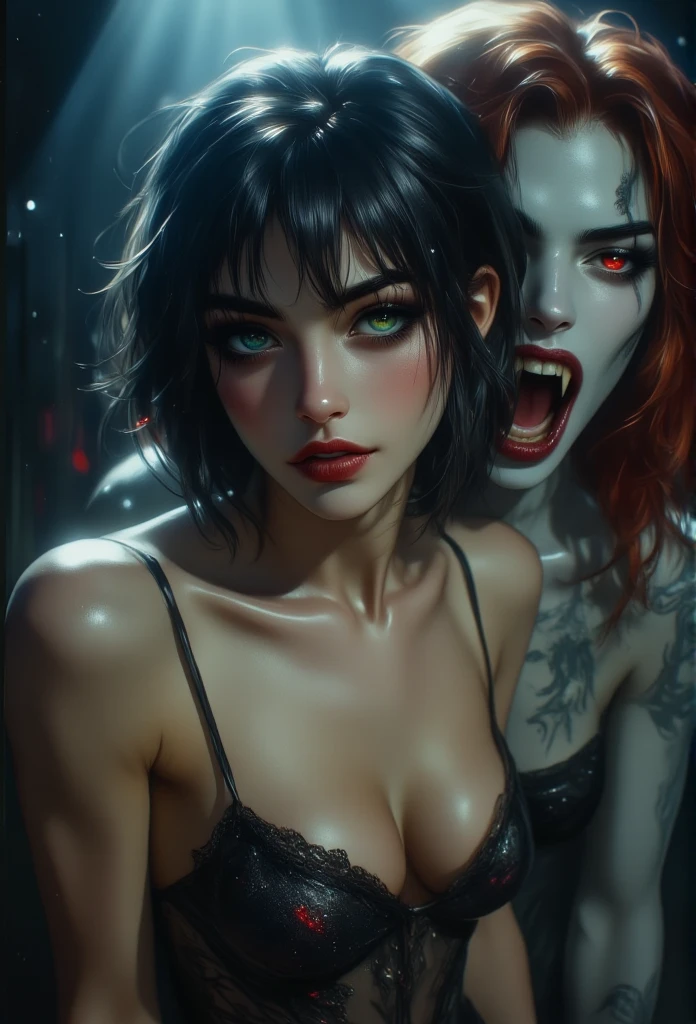 High resolution photography, subject to mid-bust, a beautiful young woman, eyes closed and head gently tilted forward, short black hair that leaves her neck uncovered, wears a black transparent lingerie. Behind her comes a beautiful woman with pale skin, long red hair, red eyes, body covered with tribal tattoos, she is close to other woman's neck, ready to bite with her visible long canines. Luis Royo style fantasy art, spotlight from side