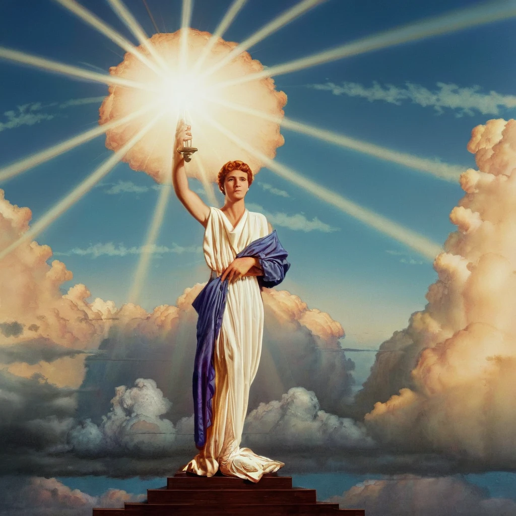 cinematic film still of a 20 year old man with a ponytail, columbia picture model a 3d man holding a bright light emitting torch in his hand up in sky, 1man, solo, dress, standing,full body, red slick hair, sky, cloud, white dress, arm up, sunlight, lens flare, light rays, sun, sunbeam, rainbow, fine art parody, realistic, sharp, detailed, classic, model, modeling, god ray light in sky, standing on a pedestal, painting background by Michael J Deas, photography, artistic, Columbia picture style, shallow depth of field, vignette, highly detailed, high budget, bokeh, cinemascope, moody, epic, gorgeous, film grain, grainy