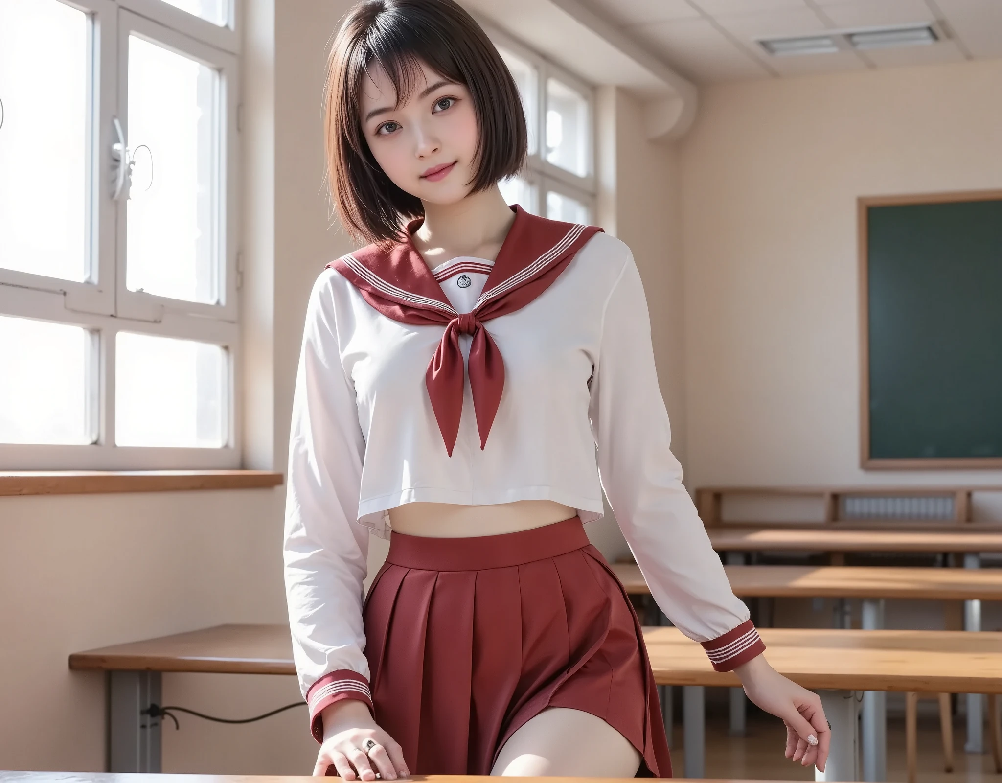 NSFW, (Highest quality), (Ultra-precise CG 16K wallpaper), (Realistic: 1.6), (High saturation), (Sharp), Beautiful detailed shading, Beautiful natural lighting, Beautiful detailed glow, Bright sunlight in the daytime, Natural light, Depth of field, (Mature 24 year old woman, One person: 1.6), (Very beautiful Japanese face), (Sasaki Nozomi), (Straight short bob hair, bangs: 1.6), (Shiny black hair), (Sparkling eyes), (C cup size breasts, cleavage, slim thighs: 1.6), (Beautiful breasts), (Beautiful legs), (Beautiful skin), Beautiful proportions, (Faint smile: 1.2), (Looking at me: 1.6), (High school girl's sailor uniform, pleated miniskirt clothing: 1.6), (Standing pose: 1.6), (School, empty classroom), (Full screen image:1.6), (full body shot:1.6), (image of a woman looking at the front:1.6), (woman standing in an empty classroom:1.6),