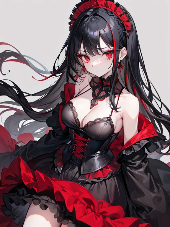 animado, gothic girl, chica emo, gothic dress, vestido negro, vestido victoriano, ojos blancos, Gothic art style, in a mansion, (Obra maestra, Mejor calidad, ultra high resolution), 1 chica, de pie, ((Negro azabache, Negro azabache hair: 0.7), dos cabellos largos con cola de caballo alta, pale skin, ((ojos rojos)), brillante_eyes, neon eyes, (ultra-ojos detallados, cara hermosa y detallada, ojos detallados: 0.9), ((centrado)), rostro espeluznante, (sonrisa maligna, twisted sadistic expression) ((tiro completo)), frente al espectador, altura de los ojos, (fondo negro y rojo), pecho copa B, mirando al espectador, ((ojos medio cerradoanos perfectas)), (((cabeza, brazos, caderas, codos, en vista))), ((hands behind the back)), empty look, beautiful lighting, Fondo, tema definido, 25 years, perfect anatomy, Cuerpo perfecto, gothic lolita, falda larga, long eyelashes, solid circle eyes, rubor de oreja, una cola de caballo alta y larga, ojos rojos, pelo negro, flequillo contundente, Usar medias negras largas