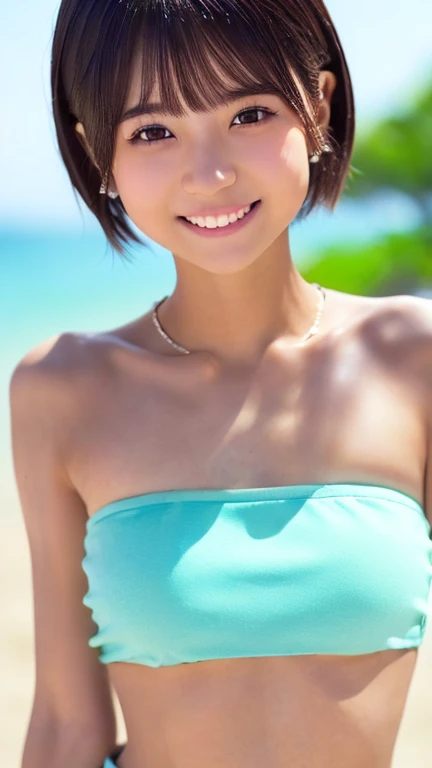 ((sfw: 1.4)), ((sfw, bandeau top, beach, bony body, extra short hair, sidelocks-hair, smile, 1 girl)), ultra high resolution, (real: 1.4), RAW photo, highest quality, (photorealistic), focus ,Soft light,(()),((Japanese)),(((Young face))),(Surface),(Depth of field),Masterpiece,(Photoreal),Woman,Bangs,( (1 girl)