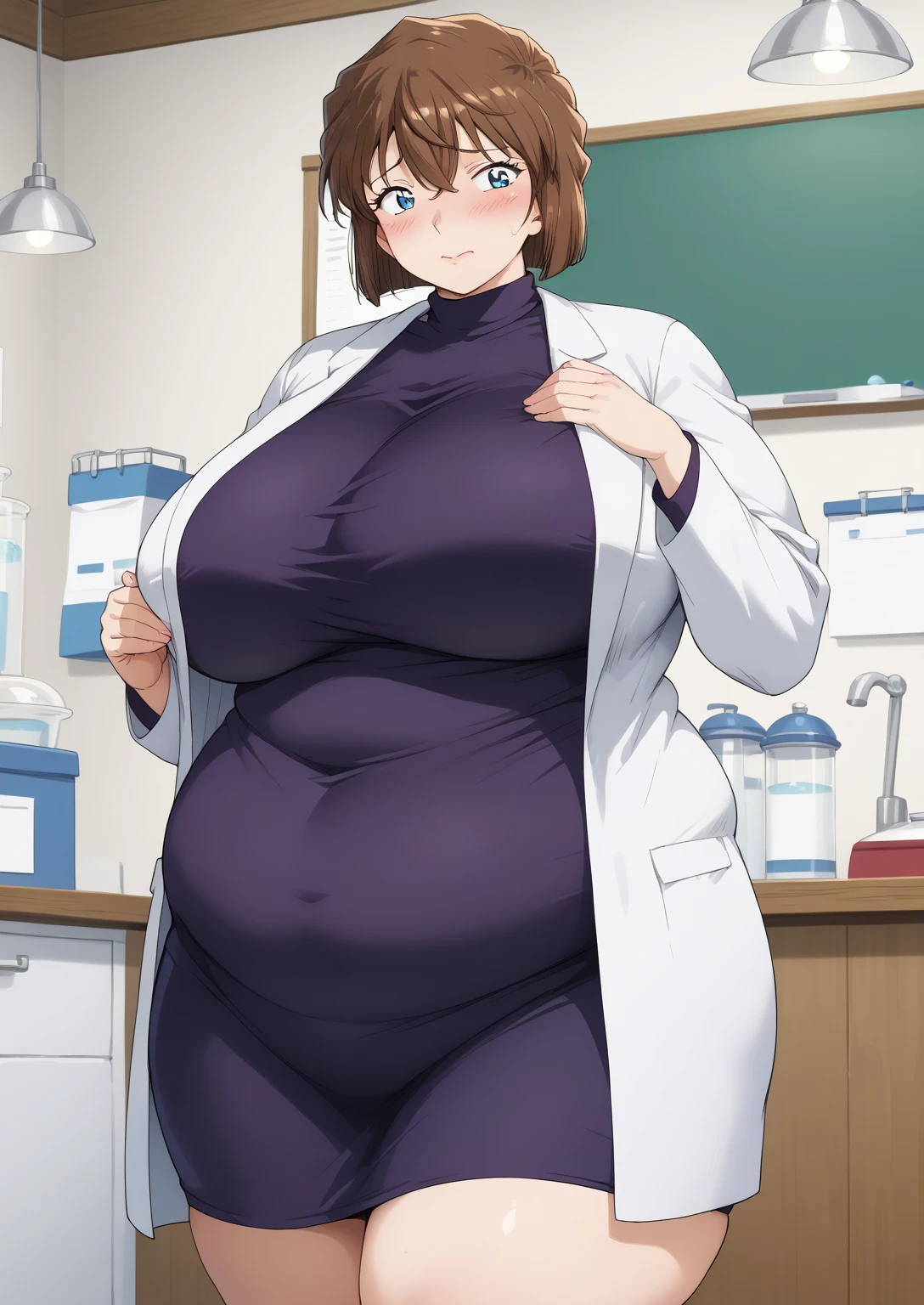 Shiho Miyano, Miyano Shiho, short hair,Brown Hair, blue eyes,hair between eyes,lab coat, Mulberry dress, long sleeve dress, mini skirt dress, score_9,   score_8_ up,   score_7_ up,   score_6_ up,   score_5_ up,   score_4_ up,     masterpiece   ,   top quality,     very aesthetic  ,    absurd,    source_Anime, Anime screencap,    one woman , Alone,   personal   ,  Super huge breasts, (((S uper huge クレビス, Super huge , Super huge boob))), Curvy,   in her 20s,  Mature Woman,   obese , ,  troubled expression,  ssbbw,  embarrassed expression