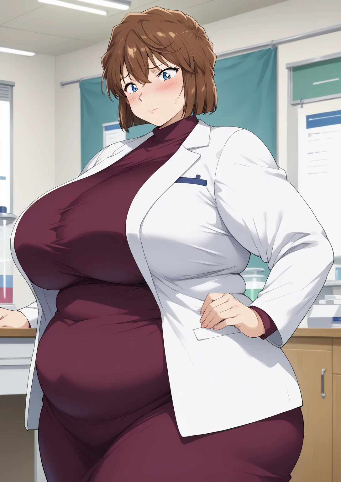 Shiho Miyano, Miyano Shiho, short hair,Brown Hair, blue eyes,hair between eyes,lab coat, Mulberry dress, long sleeve dress, mini skirt dress, score_9,   score_8_ up,   score_7_ up,   score_6_ up,   score_5_ up,   score_4_ up,     masterpiece   ,   top quality,     very aesthetic  ,    absurd,    source_Anime, Anime screencap,    one woman , Alone,   personal   ,  Super huge breasts, (((S uper huge クレビス, Super huge , Super huge boob))), Curvy,   in her 20s,  Mature Woman,   obese , ,  troubled expression,  ssbbw,  embarrassed expression