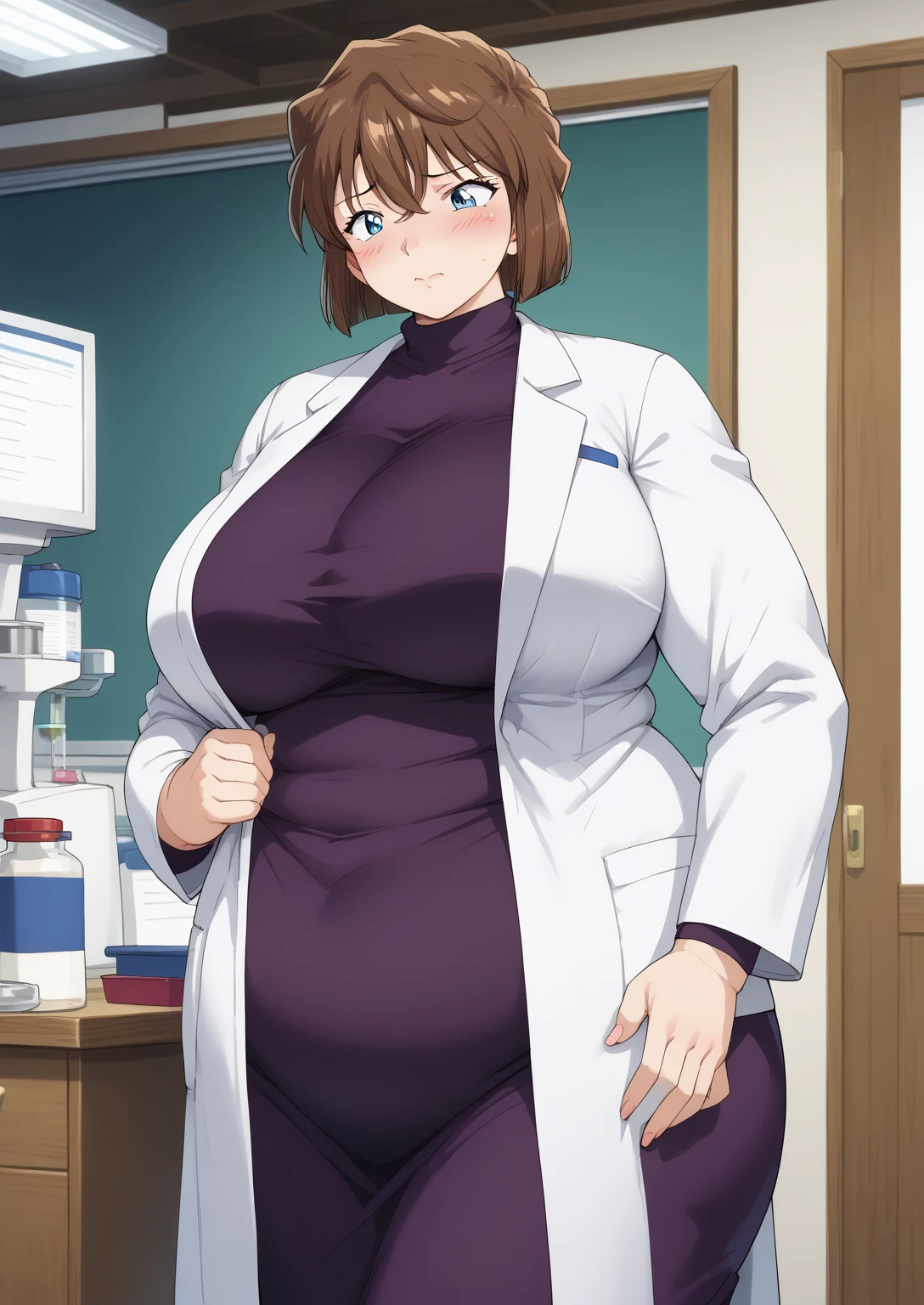 Shiho Miyano, Miyano Shiho, short hair,Brown Hair, blue eyes,hair between eyes,lab coat, Mulberry dress, long sleeve dress, mini skirt dress, score_9,   score_8_ up,   score_7_ up,   score_6_ up,   score_5_ up,   score_4_ up,     masterpiece   ,   top quality,     very aesthetic  ,    absurd,    source_Anime, Anime screencap,    one woman , Alone,   personal   ,  Super huge breasts, (((S uper huge クレビス, Super huge , Super huge boob))), Curvy,   in her 20s,  Mature Woman,   obese , ,  troubled expression,  ssbbw,  embarrassed expression