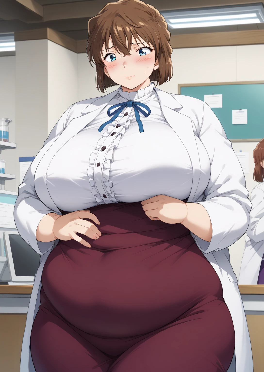 Shiho Miyano, Miyano Shiho, short hair,Brown Hair, blue eyes,hair between eyes,lab coat, Mulberry dress, long sleeve dress, mini skirt dress, score_9,   score_8_ up,   score_7_ up,   score_6_ up,   score_5_ up,   score_4_ up,     masterpiece   ,   top quality,     very aesthetic  ,    absurd,    source_Anime, Anime screencap,    one woman , Alone,   personal   ,  Super huge breasts, (((S uper huge クレビス, Super huge , Super huge boob))), Curvy,   in her 20s,  Mature Woman,   obese , ,  troubled expression,  ssbbw,  embarrassed expression