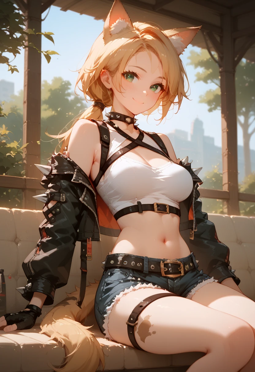 score_9, score_8_up, score_7_up, score_6_up, score_5_up, score_4_up, (masterpiece, best quality), 1girl, In the park, sitting on the chair, show breasts, smile, blush, closed mouth, medium full breasts,
BREAK
furry female, animal ears, tail, blonde and black hair, green eyes, long hair, low ponytail, 
BREAK fingerless gloves, belt, jacket, shorts, crop top, denim shorts, spikes, navel, black jacket,