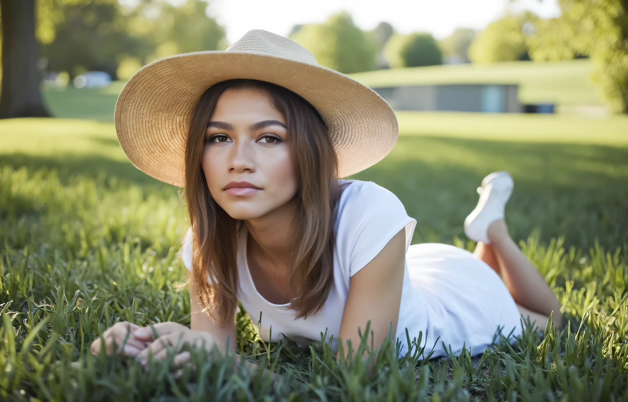 High res waist up portrait photo of a woman directly facing the camera . She is not looking at the camera with a slight seductive look.