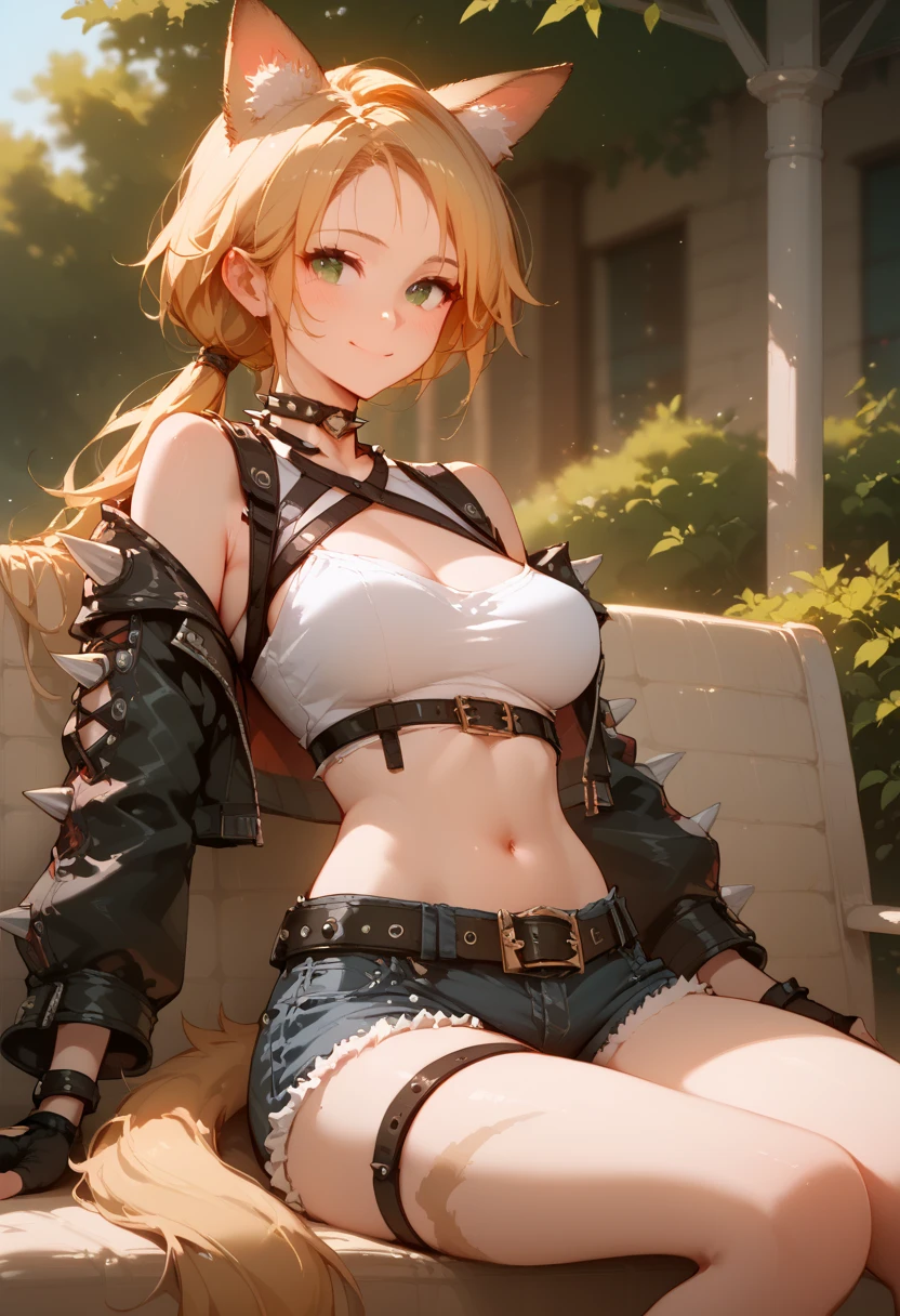 score_9, score_8_up, score_7_up, score_6_up, score_5_up, score_4_up, (masterpiece, best quality), 1girl, In the park, sitting on the chair, show breasts, smile, blush, closed mouth, medium full breasts,
BREAK
furry female, animal ears, tail, blonde and black hair, green eyes, long hair, low ponytail, 
BREAK fingerless gloves, belt, jacket, shorts, crop top, denim shorts, spikes, navel, black jacket,