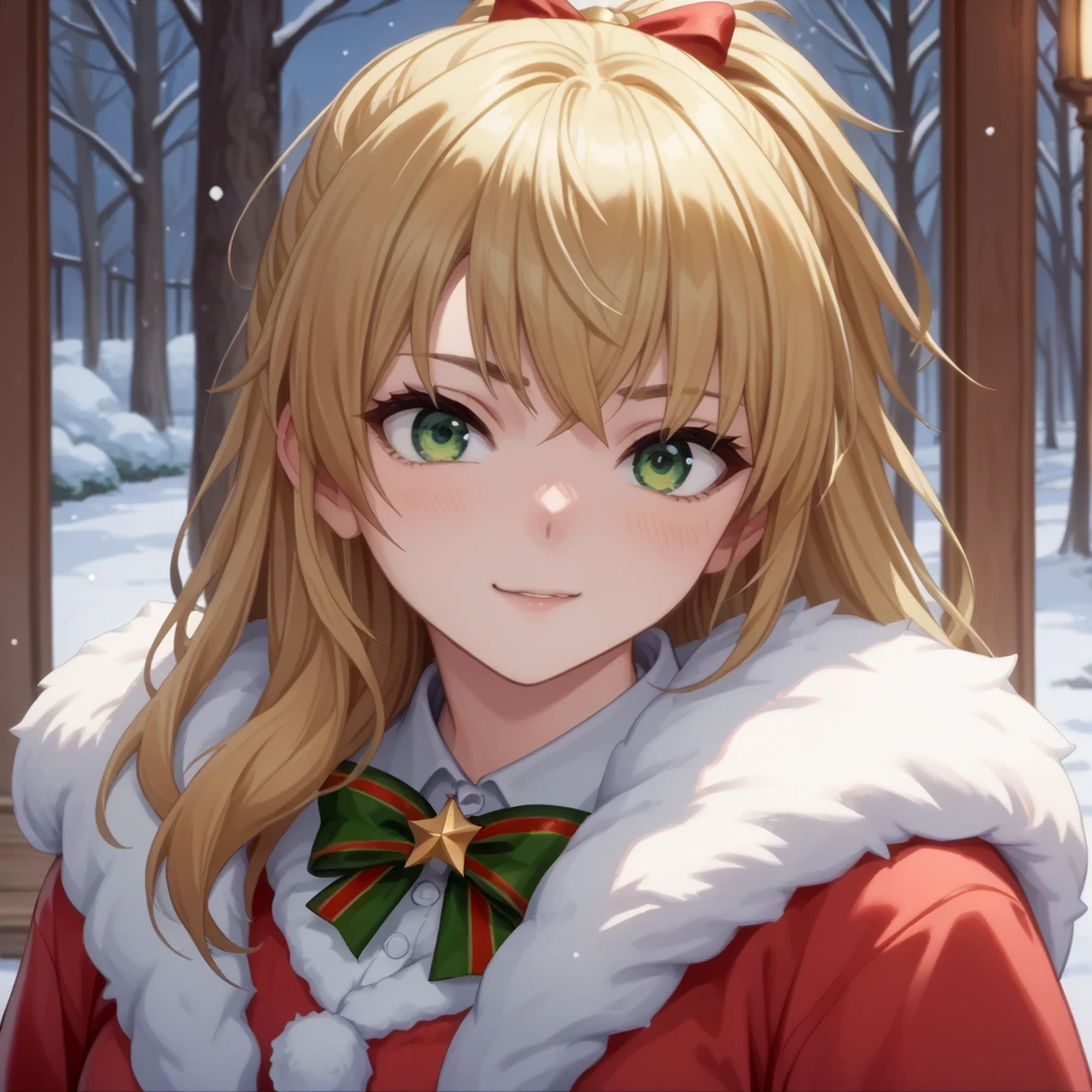  score_9, score_8_ up, score_7_ up, score_6_ up, score_5_ up, score_4_ up,  One girl , Blonde,  long hair,  green eyes, Santa clothes, blue shoulder、 cute、  anime style 、snow、 Christmas、night、 Embarrassing 