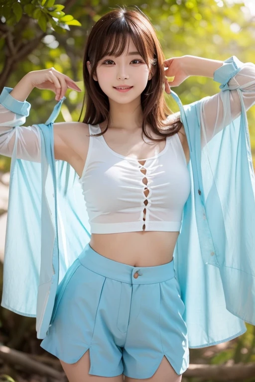 白色の大きな shirtと黒いミニスカートを着た日本人モデル、 sexy cropped top under a shirt ｙ shirtの下に着ている,  slim girl pics model,  low cut tank top  ,  I'm wearing a light blue cropped tank top,  Whiteｙ shirtを羽織っている、SheerＹ shirt、 slim girl pics,  looking at camera、 Detailed Beautiful Eyes 、 cute smile、 a soft and gentle expression 、The background is a deep forest