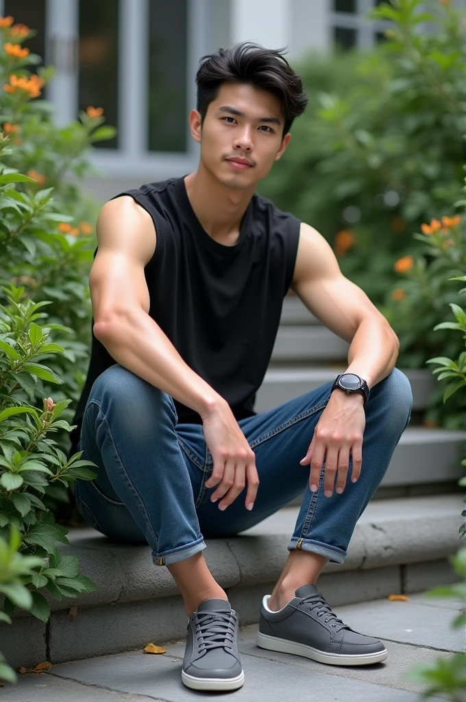 1boy, solo , 20yo , asian young man, skinny ,3 days beard , twink wearing a short pants ,normal body, sitting a wicker chair , in the nature , cover shot , for gq , instagram model