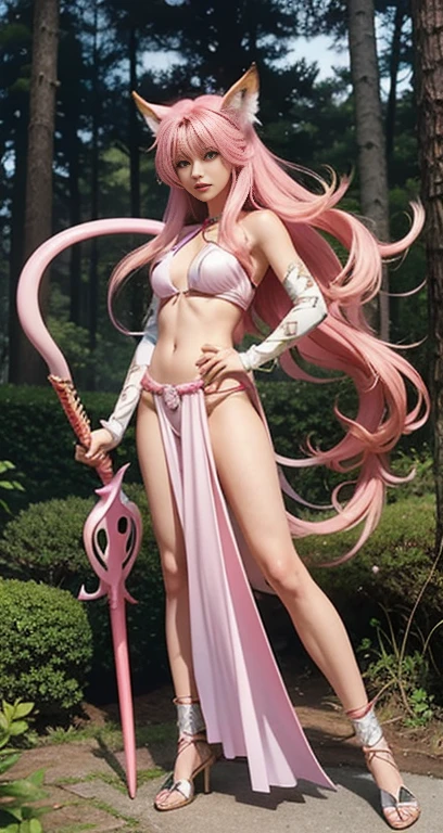 ((mythological being enchanted humanoids)),((naked girl)) ((big breasts)) pink body, white eyes, pink hair, high quality 3d image close up, loving smiling, looking at the camera, with a crown, and a scepter in her hand, on the tip of the scepter has a heart, masterpiece, high detail, exposed breasts, big breasts, in the magic forest, pink trees in the background, Exposed midriff, standing, in the background a village