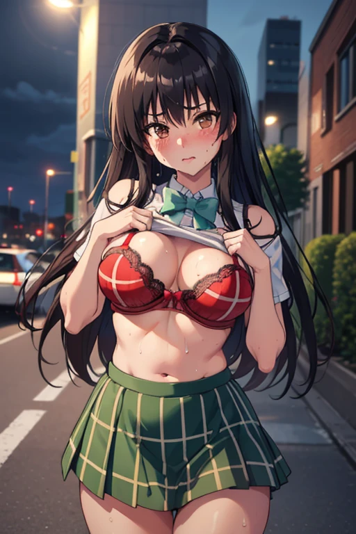 (((shirt lift)))),masterpiece,  top quality , defYui,  white shirt, Short sleeve,  green bow tie,   plaid miniskirt to make up for embarrassment,  Big Breasts ,  outdoors on the street at night, cityscape,  blue sky,  Embarrassing ,  Watch viewers,  cowboy shot showing shoulders,  head tilt 、(red lace bra), belly button,( lots of sweat )、blush