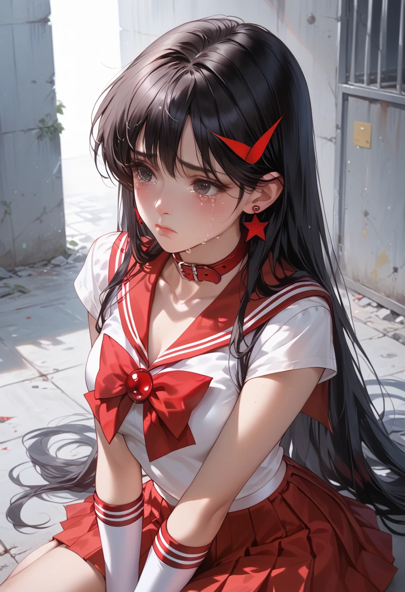 magical girl costumes,  black hair, Girl with long hair , red collar sailor suit,  red short pleated skirt,  with red ribbon on the chest, Underground Prison, sad, crying, 