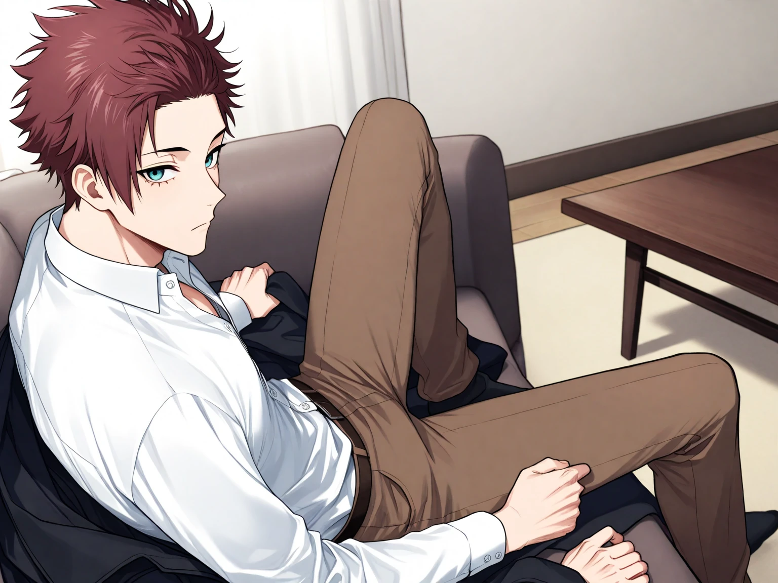 1man, only wearing gray loose sweatpants, underwearless, shirtless, barefoot, bulge in sweatpants, sitting over couch, grabbing cup of coffee, looking at viewer