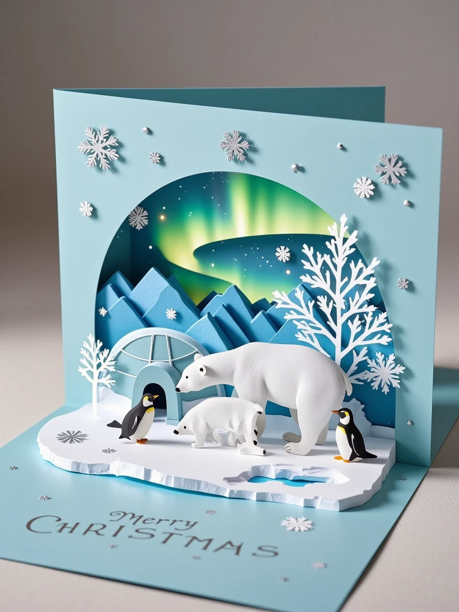 A realistic close-up photo of a handmade Christmas popup card made entirely of intricately cut and folded paper or cardstock. The card is open, revealing a detailed 3D scene crafted from layered paper: a polar bear and her cubs on an ice floe, surrounded by penguins and seals. In the background, there is an igloo and a Northern Lights display. The background inside the card displays laser-cut snowflakes and stars, with a simple 'Merry Christmas' message elegantly formed from raised paper layers. The outer cover, partially visible, is light blue with embossed silver lettering and paper-cut details of snowflakes. The lighting emphasizes the texture and precision of the paper design, with a neutral background to keep the focus on the card's craftsmanship