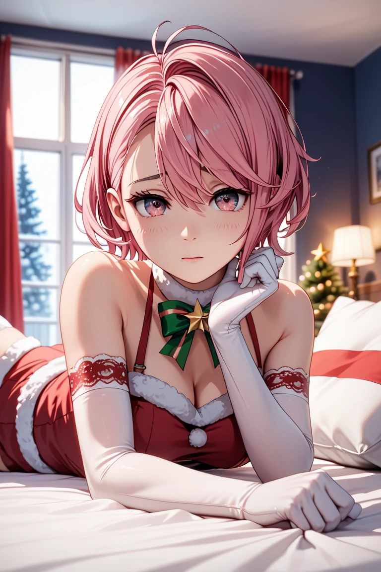 ((Masterpiece, Best picture quality, High quality, Super high quality, Depth of field, 4K, High definition)), Acrobatic pose, Dynamic composition, One beautiful girl, Aira Shiratori, (Asymmetrical short hair with bangs on the upper left), Smooth hair, Stupid hair, Pink hair, Pink eyes, Christmas decoration in Warm room, night, curtains on window, woman in all lace Santa-like costume, lace garter stockings and long gloves, lying on bed, shy