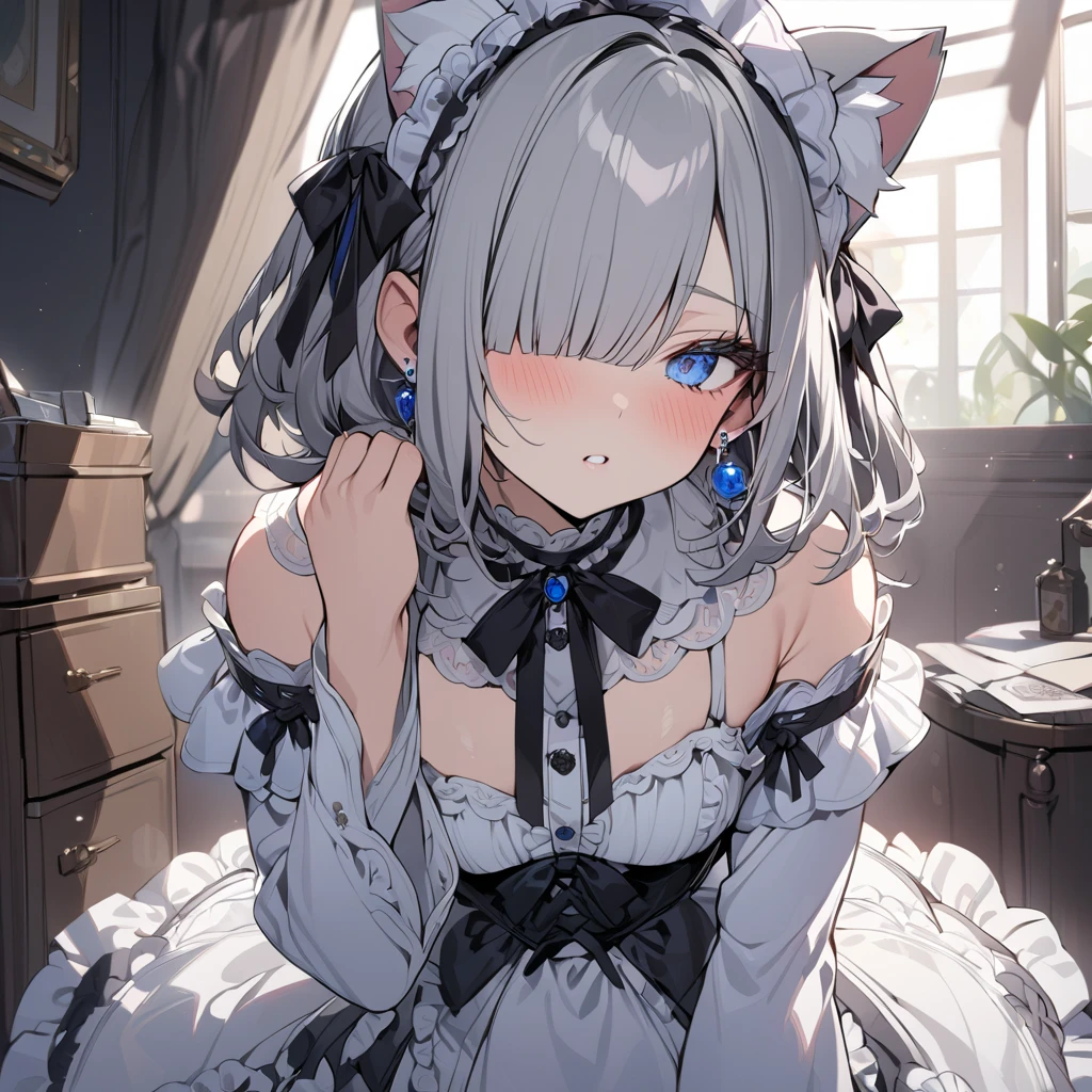 hair bobbles, long eyelasher, solid circle eyes, Fake animal ears, Light smile, Ear blush, Fang, Silver hair, Hairline, surrealism, shadowing, anaglyph, stereograms, tachi-e, angle of view, Atmospheric perspective, High detail, Cinematic lighting, 8K, Super detail, ccurate, Best quality, A high resolution, Masterpiece, All over the body, Single, The whole body is in the mirror, The background changes randomly, Cute action,