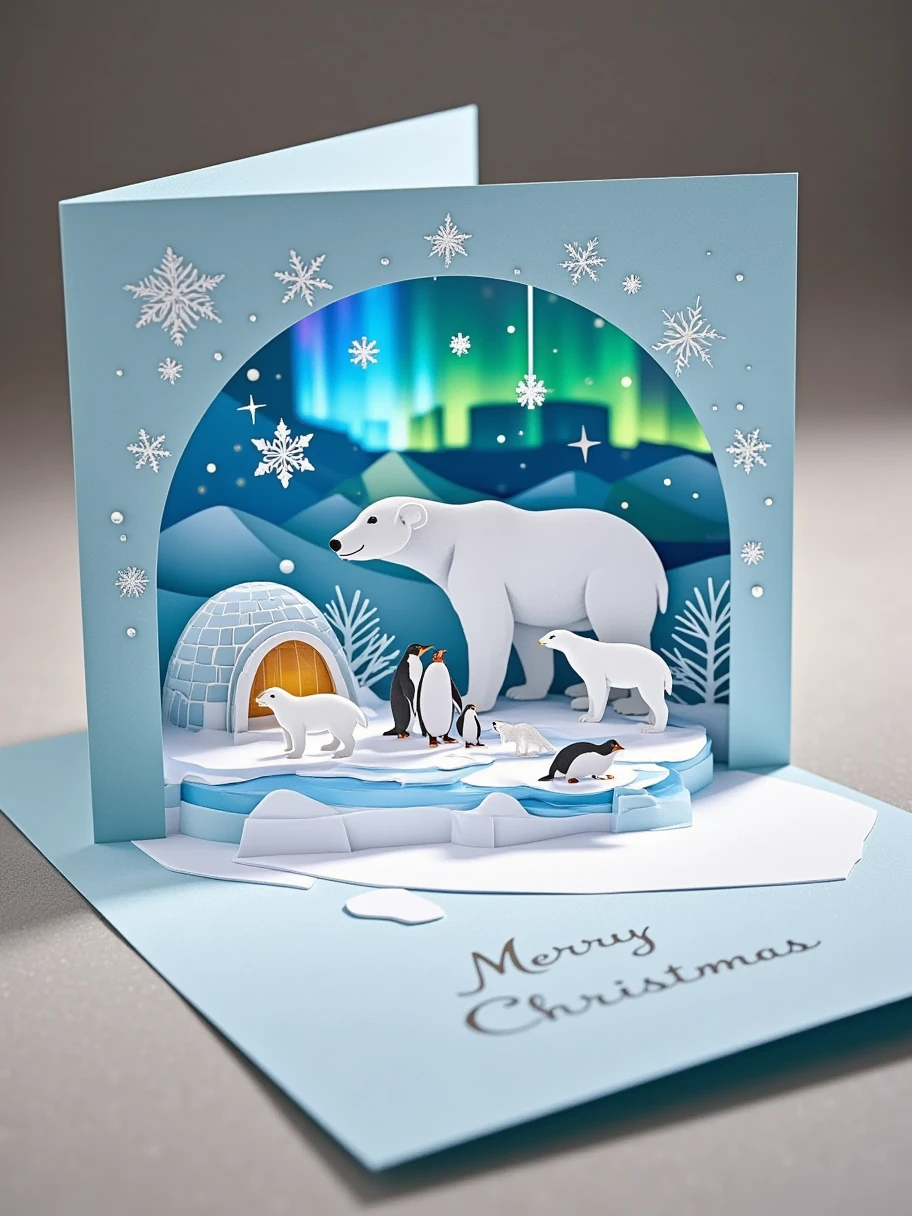 A realistic close-up photo of a handmade Christmas popup card made entirely of intricately cut and folded paper or cardstock. The card is open, revealing a detailed 3D scene crafted from layered paper: a polar bear and her cubs on an ice floe, surrounded by penguins and seals. In the background, there is an igloo and a Northern Lights display. The background inside the card displays laser-cut snowflakes and stars, with a simple 'Merry Christmas' message elegantly formed from raised paper layers. The outer cover, partially visible, is light blue with embossed silver lettering and paper-cut details of snowflakes. The lighting emphasizes the texture and precision of the paper design, with a neutral background to keep the focus on the card's craftsmanship