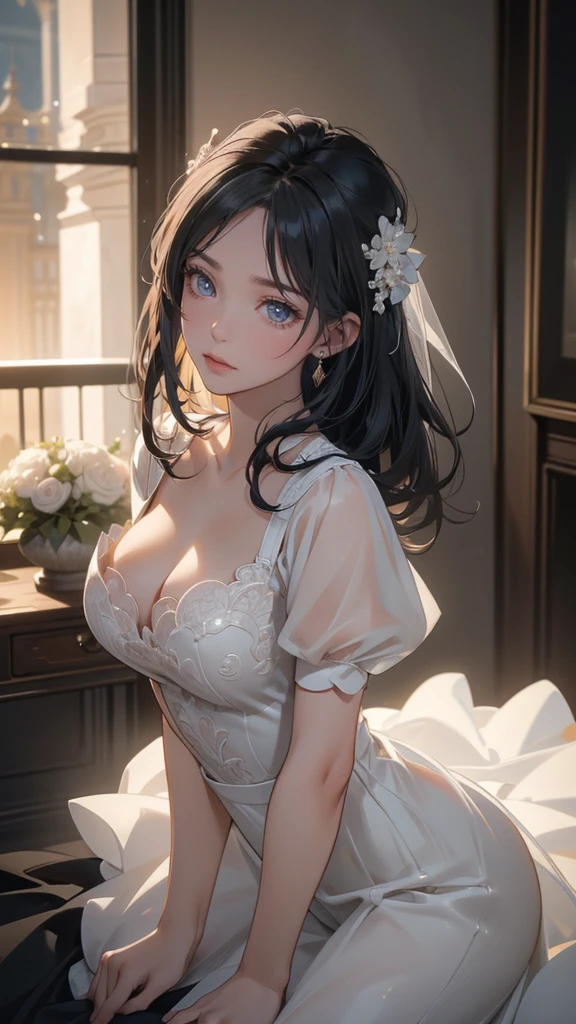 Full body, (random porn pose),(Highest image quality,(8k),ultra-realistic,best quality, Short black hair, high quality, high definition, high quality texture,high detail, beautiful detailed,fine detailed,extremely detailed cg,detailed texture,a realistic representation of the face,masterpiece,Sense of presence), Black wedding dress, wedding room, wedding building