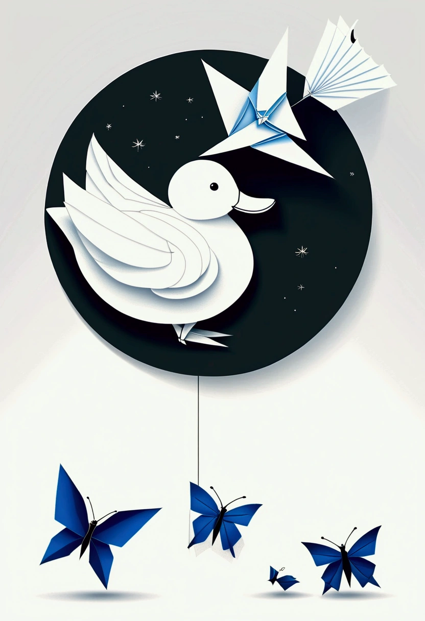 fusion of Eastern and Western paintings, art posters, simple drawing, cute white plump duck blowing on an origami windmill, blue butterfly, white butterfly, background shadow puppets made of jet black paper, professional and perfect composition, extremely delicate depiction, extremely clear image, ultra detailed, absolutely resolution, masterpiece