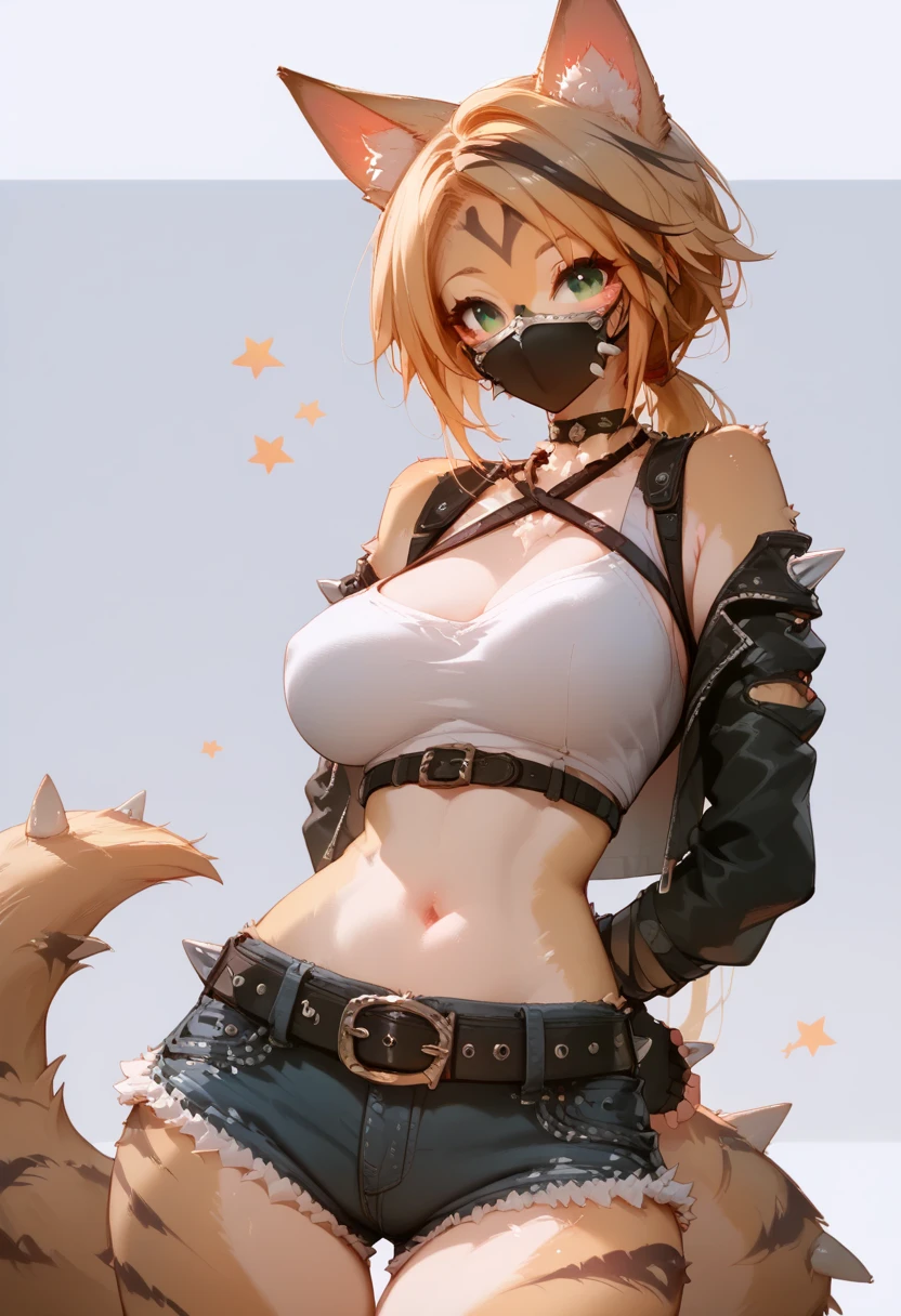 score_9, score_8_up, score_7_up, score_6_up, score_5_up, score_4_up, masutepiece, Best Quality, 8k high resolution, detailded face, detailed bpdy, perfect body, ultra high quality, 1girl, solo, Beautiful detailed eyes, large full breasts, cury body, Bring your chest together、A smile、open mouth、Resort scenery、Adult beauty, (((arms behind back))), (((zoom up face:1.3))), 
BREAK furry female, animal ears, tail, blonde and black hair, green eyes, long hair, low ponytail, mask,
BREAK fingerless gloves, belt, jacket, shorts, crop top, denim shorts, spikes, navel, black jacket,