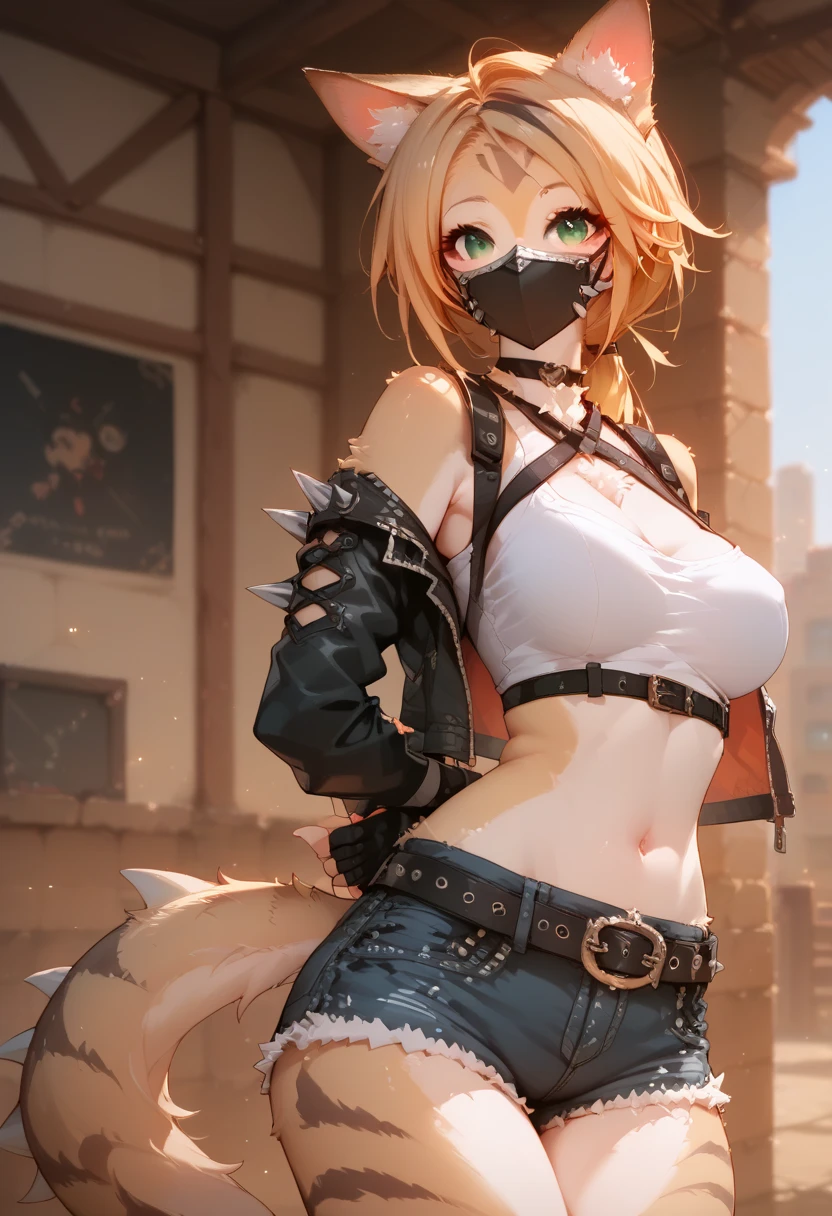 score_9, score_8_up, score_7_up, score_6_up, score_5_up, score_4_up, masutepiece, Best Quality, 8k high resolution, detailded face, detailed bpdy, perfect body, ultra high quality, 1girl, solo, Beautiful detailed eyes, large full breasts, cury body, Bring your chest together、A smile、open mouth、Resort scenery、Adult beauty, (((arms behind back))), (((zoom up face:1.3))), 
BREAK furry female, animal ears, tail, blonde and black hair, green eyes, long hair, low ponytail, mask,
BREAK fingerless gloves, belt, jacket, shorts, crop top, denim shorts, spikes, navel, black jacket,