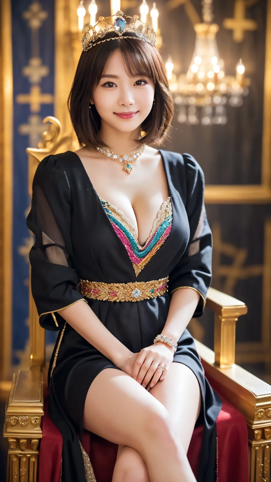 ( medieval queen's clothes wearing colorful jewels : 1.5), (seated on the throne  : 1.5), ( crosses legs : 1.5), ( Royal Background with Chandelier : 1.5), (Put on a tiara  : 1.4), ( curled hair  : 1.4), young and adorable Japanese face, Official Art, high definition CG Unity 8k wallpaper,Ultra high definition ,Very detailed, half photos with Brazil, high definition , Kodak Portrait 400, film grain , lens flare glow, best quality,8k, as a portrait shot,8k, Show viewer, (( best quality)), ( super detailed), smile, (( sexy)), (( Very detailedな)), (detailed clothing features), (beautiful), Illustration, beautiful Japanese woman, ((1 female)), (Bold Cleavage : 1.3)