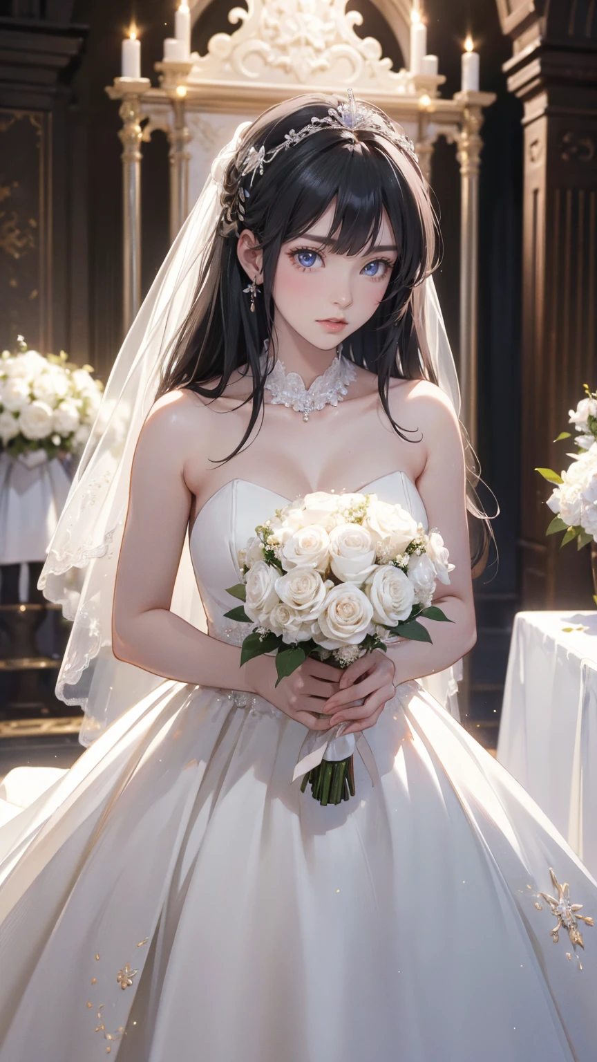 (Very delicate and beautiful:1.2)Supermodel,,Close-up photo、Big Breasts,Beautiful breasts,Top quality, High resolution, 8k,, Sharp details, White floral dress, 21 years old、smile、Slim figure、Black Hair、Long Hair、bangs、A bride with a perfect feminine body walks into the church, Delicate face, High nose, Bright Eyes, Soft lip shape, Holding a bouquet, Her head is white, Transparent silk scarf., accessories (bracelet, necklace, Earrings, bracelet), Shoulder-length hair, light makeup, Medium breast size, Wearing a half jacket, Selfie, Canon EOS Clear Facial, 8KHigh resolution, Clear and realistic details.