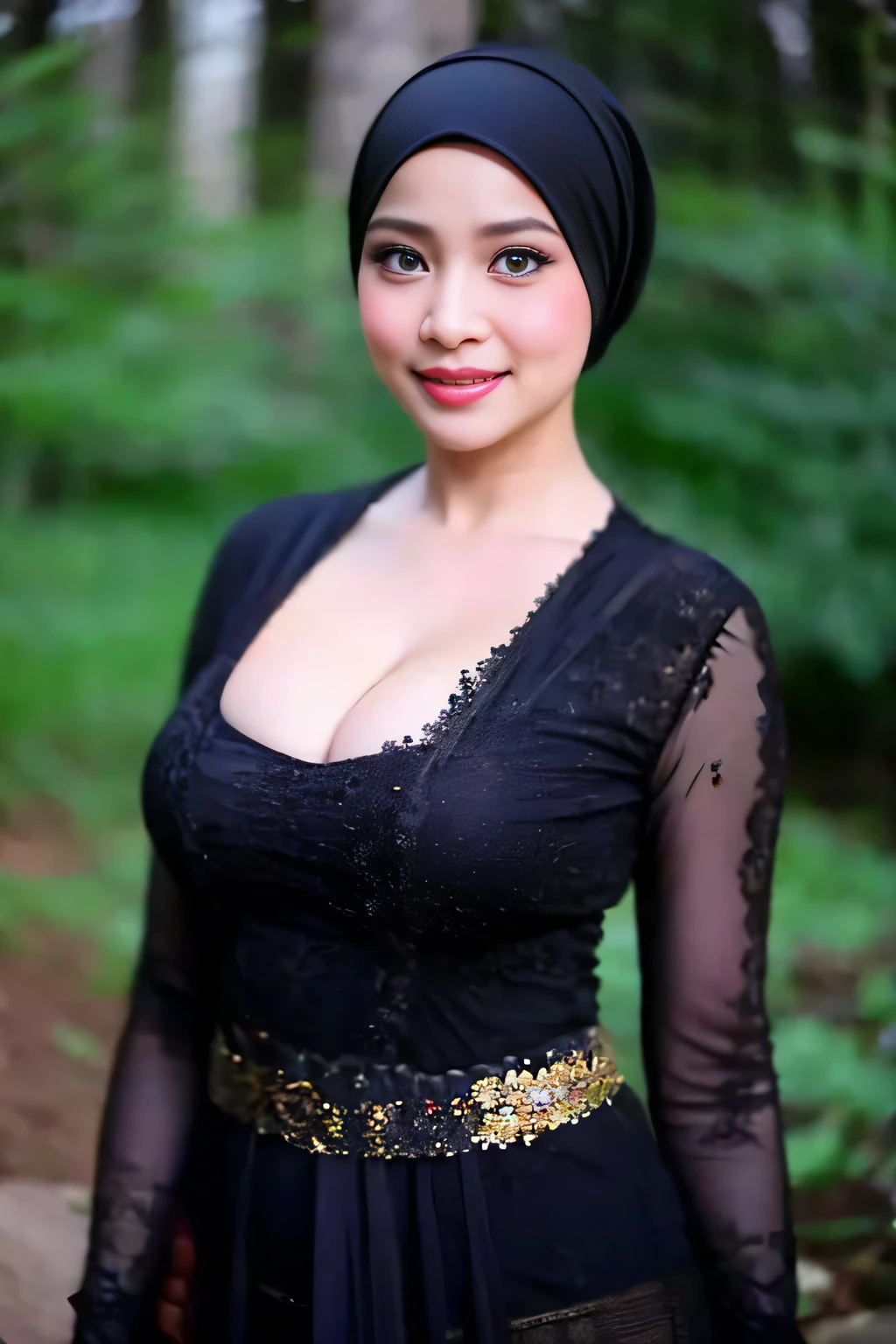 Create a photorealistic masterpiece of a beautiful woman with hijab wearing traditional Indonesian kebaya attire, solo, cleavage cutout, Set her against a dark, forest backdrop with a captivating glow in the background and bokeh effect. Ensure the image quality is 8K with ultra-realistic details.,kebaya,kebaya indonesia