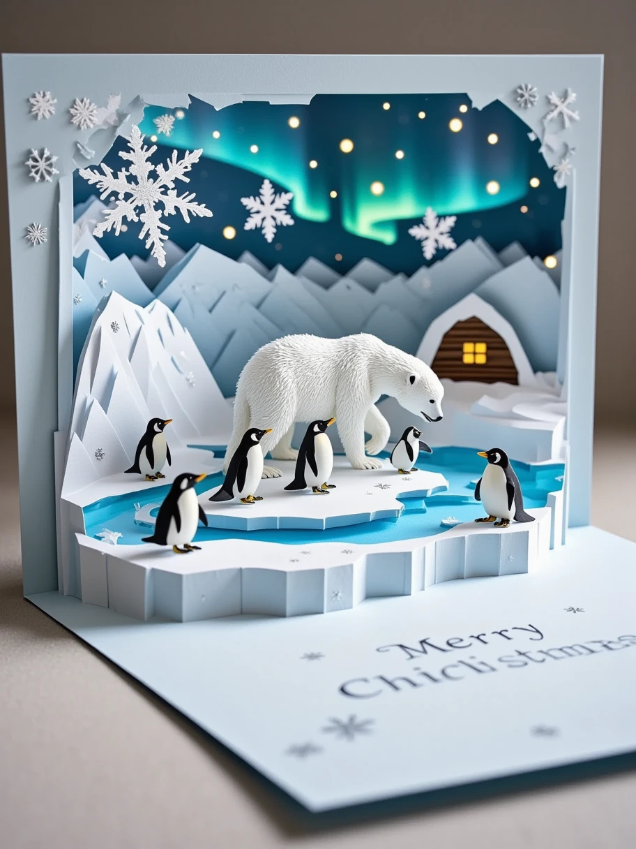 A realistic close-up photo of a handmade Christmas popup card made entirely of intricately cut and folded paper or cardstock. The card is open, revealing a detailed 3D scene crafted from layered paper: a polar bear and her cubs on an ice floe, surrounded by penguins and seals. In the background, there is an igloo and a Northern Lights display. The background inside the card displays laser-cut snowflakes and stars, with a simple 'Merry Christmas' message elegantly formed from raised paper layers. The outer cover, partially visible, is light blue with embossed silver lettering and paper-cut details of snowflakes. The lighting emphasizes the texture and precision of the paper design, with a neutral background to keep the focus on the card's craftsmanship