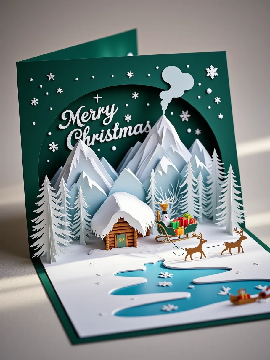 A realistic close-up photo of a handmade Christmas popup card made entirely of intricately cut and folded paper or cardstock. The card is open, revealing a detailed 3D scene crafted from layered paper: a snow-covered mountain range with a small log cabin and a smoking chimney, surrounded by pine trees and a frozen lake. In the foreground, there are paper reindeer pulling a sled filled with gifts. The background inside the card displays laser-cut snowflakes and stars, with a simple 'Merry Christmas' message elegantly formed from raised paper layers. The outer cover, partially visible, is dark green with embossed silver lettering and paper-cut details of holly leaves. The lighting emphasizes the texture and precision of the paper design, with a neutral background to keep the focus on the car