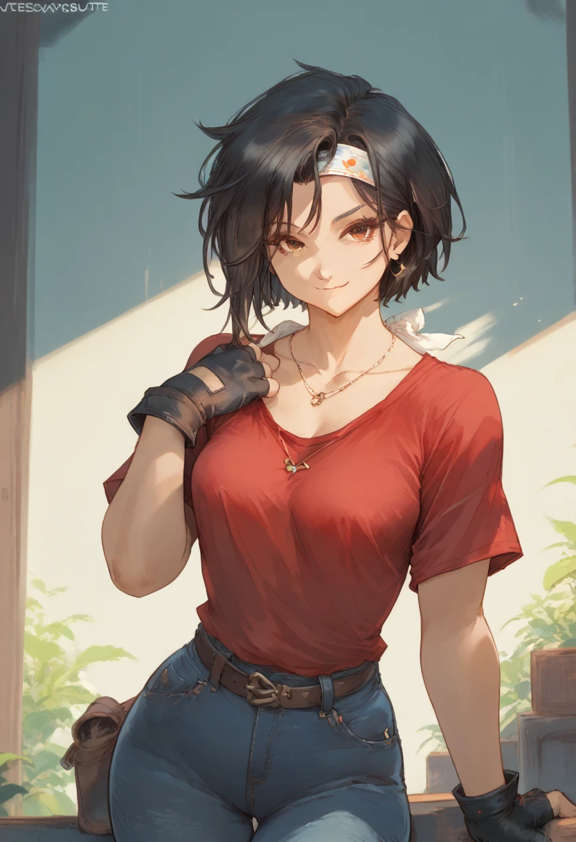 score_9, score_8_up, score_8, medium breasts, (curvy), cute, eyelashes,       BREAK, , zzPan, black hair, short hair, bandana, gloves, fingerless gloves, red shirt, denim pants,  BREAK, smile, closed mouth, looking at viewer, cowboy shot, embedding:zPDXL, Expressiveh, 