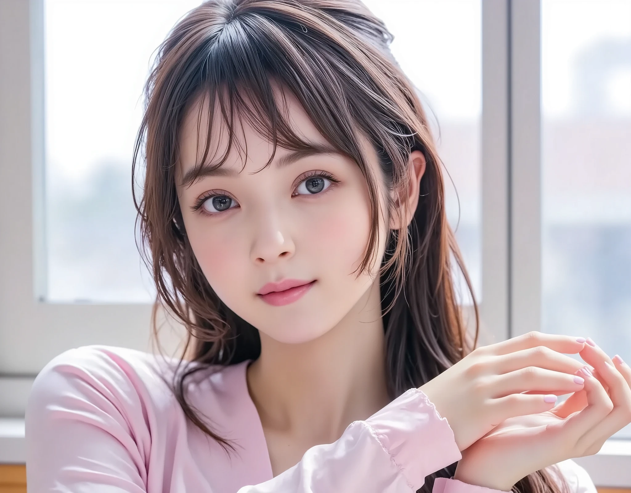 NSFW, (Highest quality), (Ultra-precise CG 16K wallpaper), (Realistic: 1.6), (High saturation), (Sharp), Beautiful detailed shading, Beautiful natural lighting, Beautiful detailed glow, Bright sunlight in the daytime, Natural light, Depth of field, (Mature 24 year old woman, One person: 1.6), (Very beautiful Japanese face), (Sasaki Nozomi), (Straight ponytail hair, bangs: 1.6), (Shiny black hair), (Sparkling eyes), (C cup size breasts, cleavage, slim thighs: 1.6), (Beautiful breasts), (Beautiful legs), (Beautiful skin), Beautiful proportions, (Faint smile: 1.2), (Looking at me: 1.6), (High school girl sailor uniform, wearing light pink pleated miniskirt: 1.6), (Standing pose: 1.6), (School, empty classroom), (Full screen image:1.6), (full body shot:1.6), (image of a woman looking at the front:1.6), (woman standing in an empty classroom:1.6),