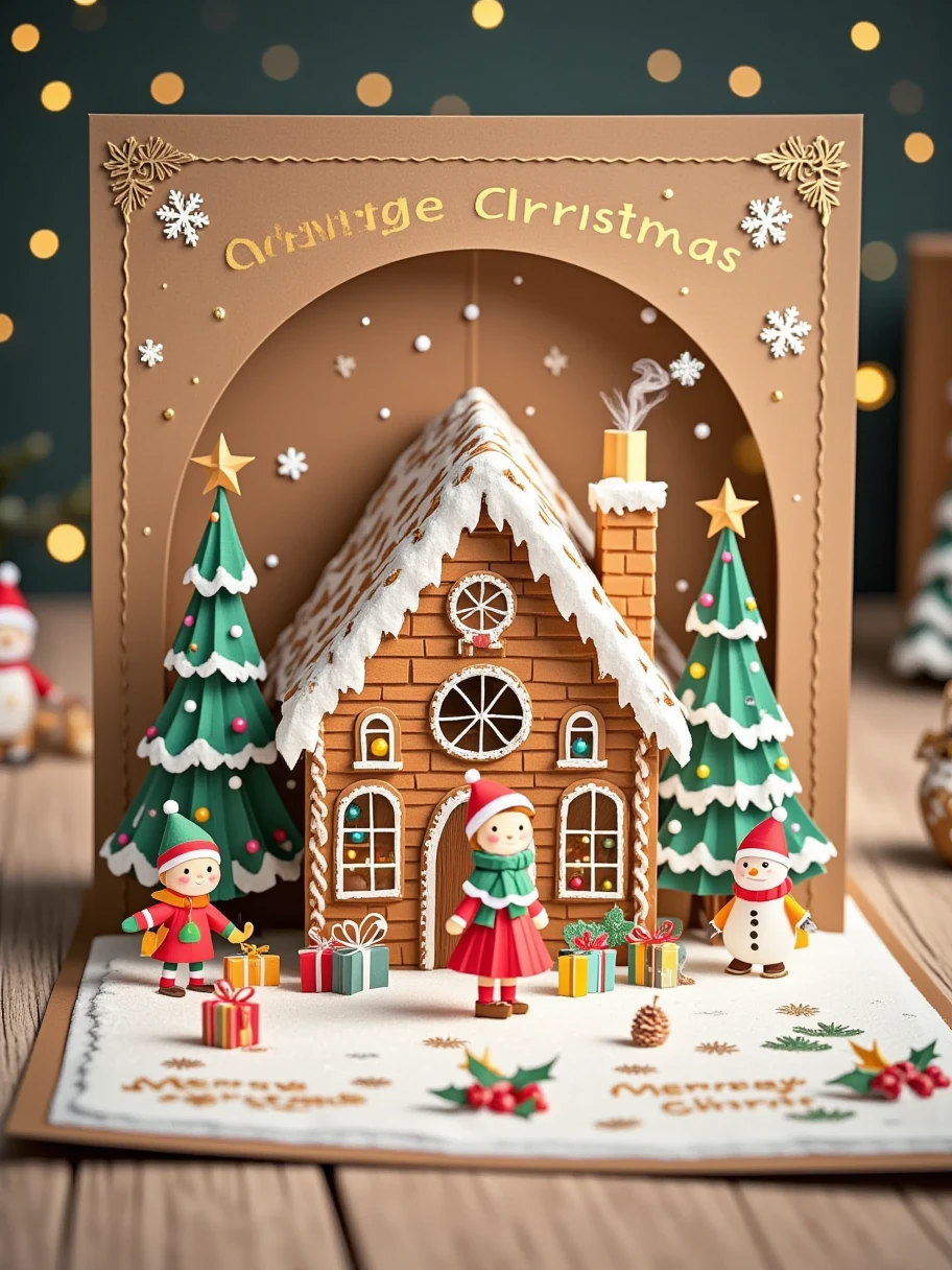  A realistic close-up photo of a handmade Christmas pop-up card ， paper-cut details of a handmade Christmas pop-up card 。After opening the card, ，, while the neutral background allows people to focus attention on the craftsmanship of the greeting card ： a lovely gingerbread house ， The light highlights the texture and fineness of the paper design 。 Surrounding the house 。 The house is surrounded by a garden with paper snowmen and Christmas trees 。 x} This card is made entirely of carefully cut and folded paper or card stock ， presents a detailed 3D scene made of multiple layers of paper {x} and a simple “Merry Christmas” with an elegant raised layer of paper。 can be seen on the outer cover of the card ，light brown， with embossed golden letters and a gingerbread man pattern 。 The paper kid looks at the house with a curious expression ， card The interior background shows laser-cut snowflakes and stars 