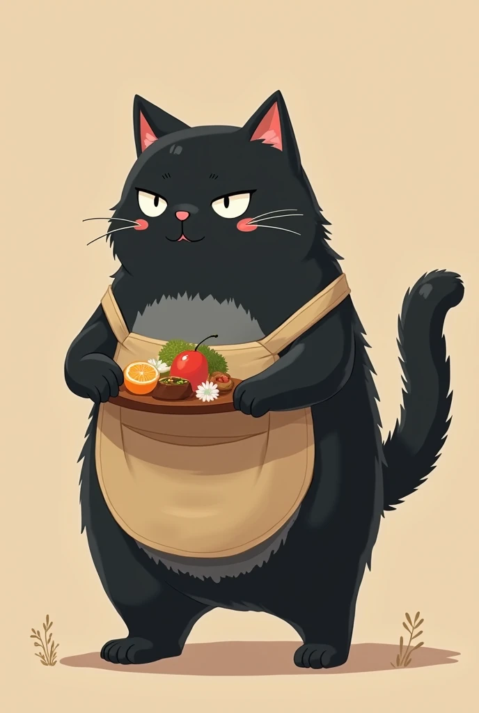 huge black cat, Cait Sith, gray belly ,  walking on two legs, Overall rounded form:1.3,  simple face , cute,  slightly poor eyesight, I'm holding an Obon with food on it with both hands, beige apron, ω