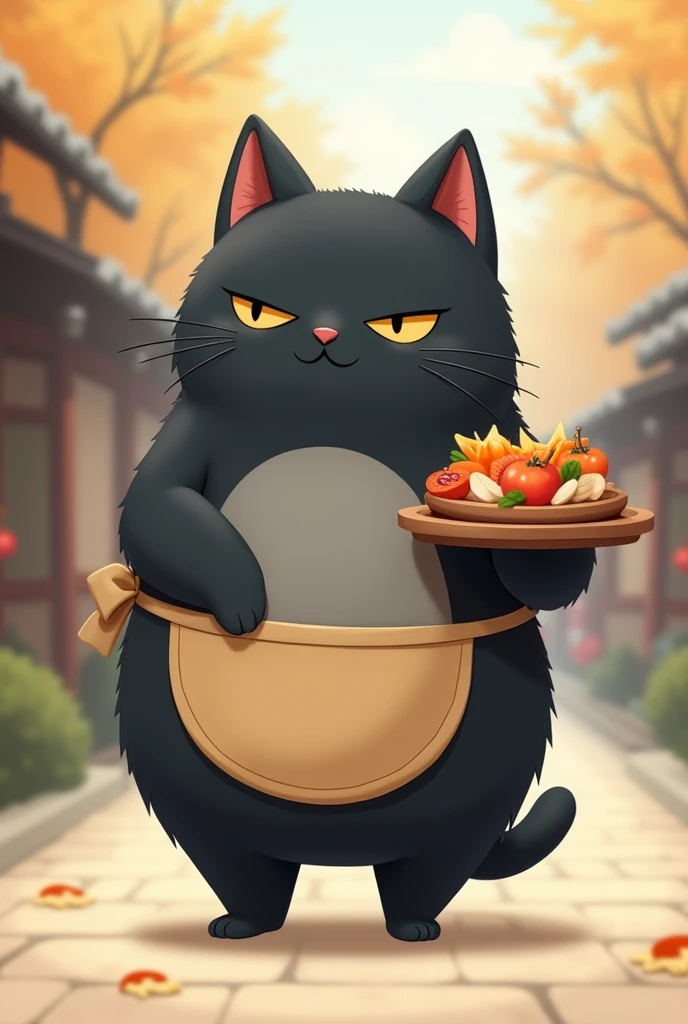 huge black cat, Cait Sith, gray belly ,  walking on two legs, Overall rounded form:1.3,  simple face , cute,  slightly poor eyesight, I'm holding an Obon with food on it with both hands, beige apron, ω