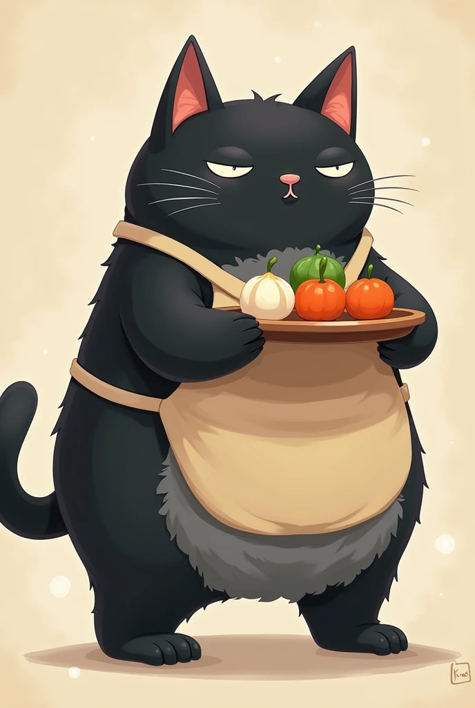 huge black cat, Cait Sith, gray belly ,  walking on two legs, Overall rounded form:1.3,  simple face , cute,  slightly poor eyesight, I'm holding an Obon with food on it with both hands, beige apron, ω