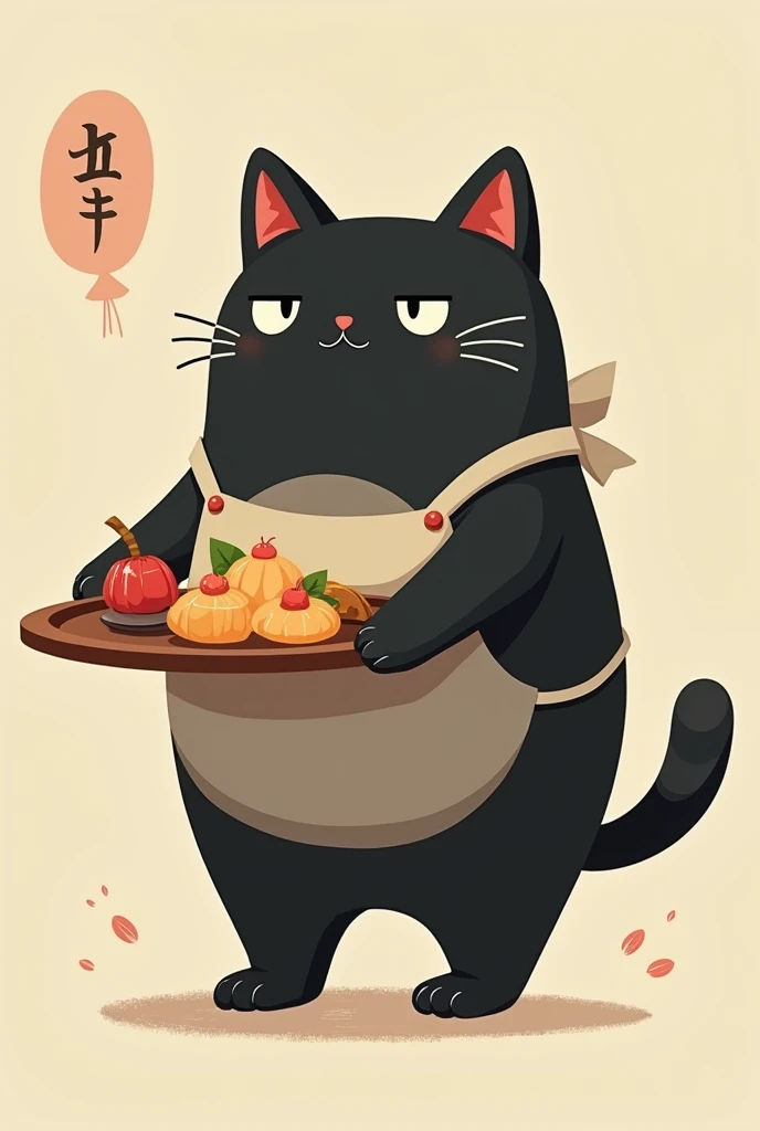 huge black cat, Cait Sith, gray belly ,  walking on two legs, Overall rounded form:1.3,  simple face , cute,  slightly poor eyesight, I'm holding an Obon with food on it with both hands, beige apron, ω