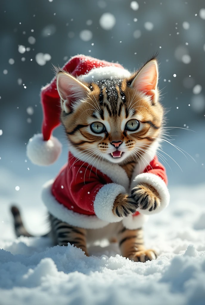  the cutest brown tiger pattern kitten in the world who fights demons while pretending to be Santa、((Realistic:1.3))、heavy snow、Lots of little devils dancing in the air 