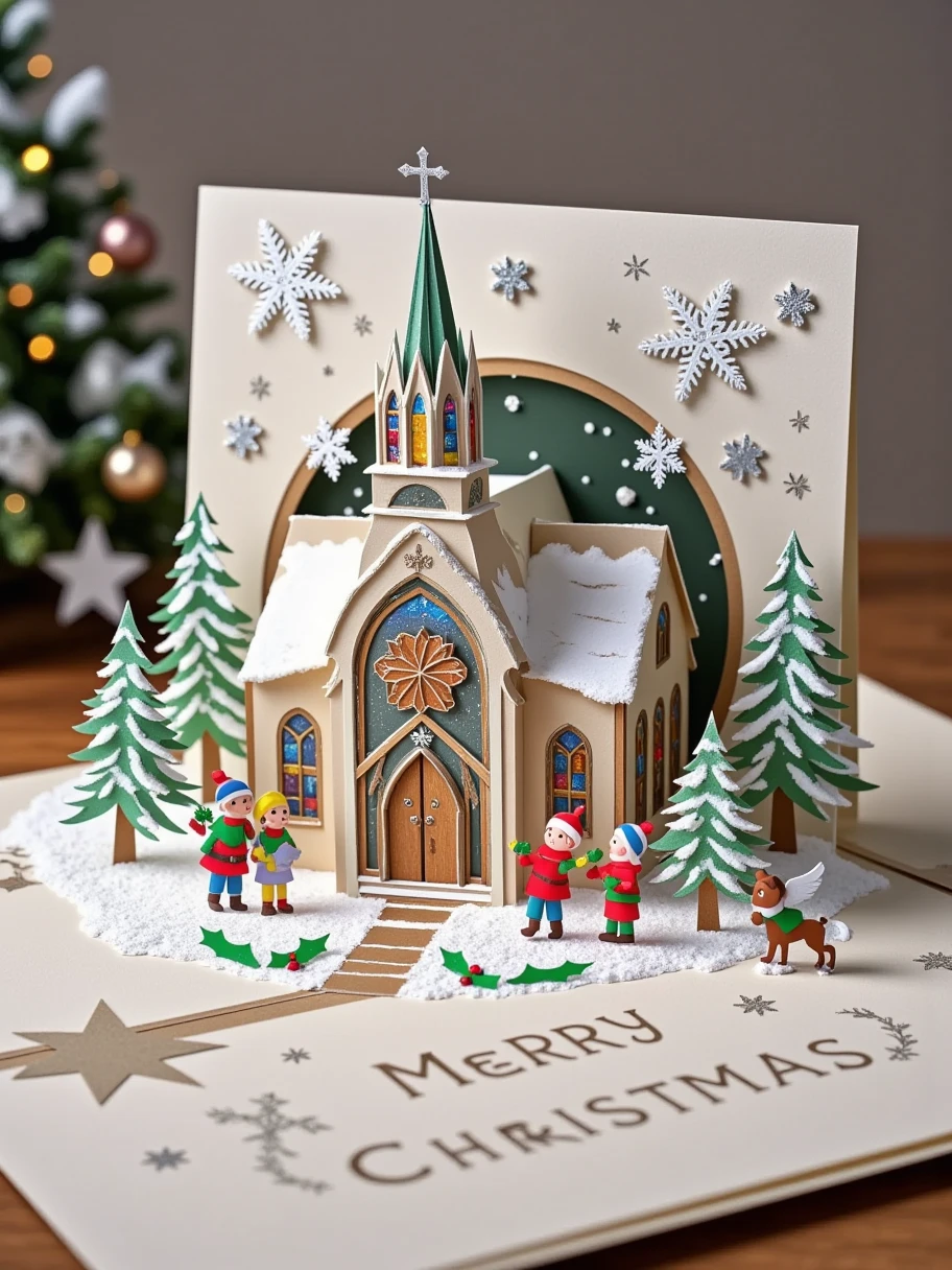  A realistic close-up photo of a handmade Christmas pop-up card ， paper-cut details of a handmade Christmas pop-up card 。After opening the card, ，, while the neutral background allows people to focus attention on the craftsmanship of the greeting card ：A magnificent Christmas church ， with stained glass windows and a tall spire 。 The church is surrounded by snow-covered trees and a path leading to the entrance。 The church has paper children singing Christmas carols 。 x} This card is made entirely of carefully cut and folded paper or card stock ， presents a detailed 3D scene made of multiple layers of paper {x} and a simple “Merry Christmas” with an elegant raised layer of paper。 can be seen on the outer cover of the card ，White， with stamped silver letters and decoupage details with angel motifs 。 The paper kid looks at the house with a curious expression ， card The interior background shows laser-cut snowflakes and stars 