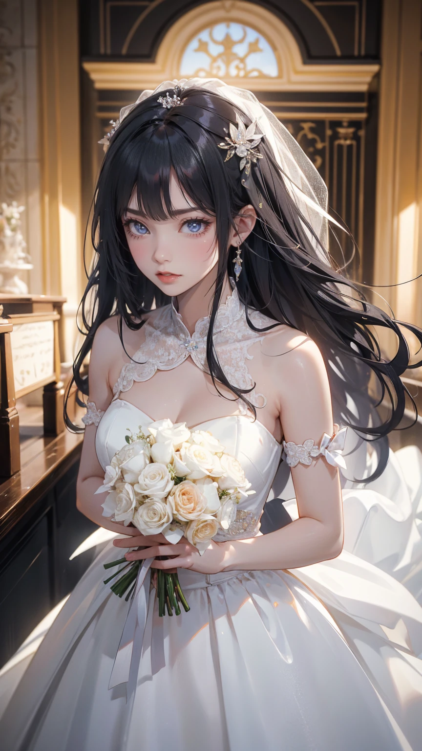 Ultra Hd, melhor qualidade, imagem inteira, imagem em uma festa de casamento, mulher, cabelo preto, pele branca, com um vestido de noiva branco, Holding a bouquet of roses in your hands.