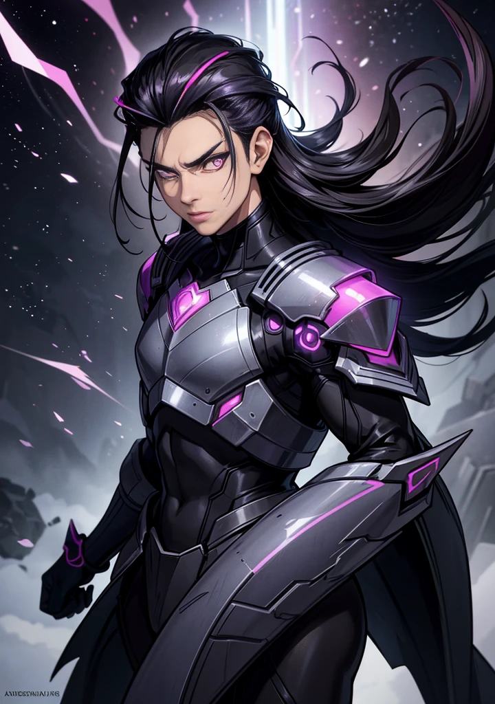 (solo), long black hair, slicked-back hairstyle, dense and smooth hair, expressive hair, mature (30-year-old), black and gray skin tone, shining purple-crimson neon eyes, glowing and intense, (man), cold-blooded, tall, V-shaped athletic body, handsome, detailed obsidian armor, intricate patterns, glowing purple neon highlights resembling purple fire, black dragon horns curving backward, armored arms, armored legs, captivating and powerful, eye reflection, depth of field, destroyed cosmic space background, shattered stars, dark void, cinematic lighting, ray tracing, UHD, high details, best quality, highres, award-winning, masterpiece, 8k, digital art, anime coloring, full-body shot, perfect face, detailed face, captivating eyes.